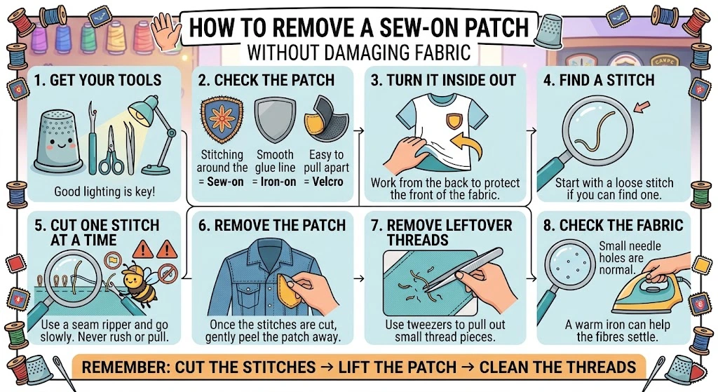 Infographic showing how to unpick a sew-on patch with a seam ripper without damaging school uniform or jacket fabric
