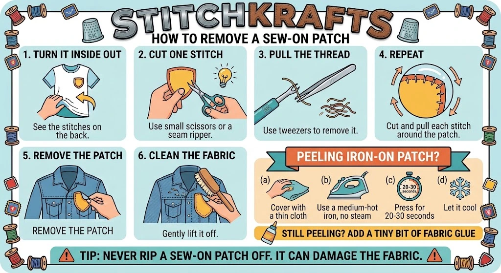 Infographic showing how to remove a sew-on patch safely using a seam ripper and tweezers