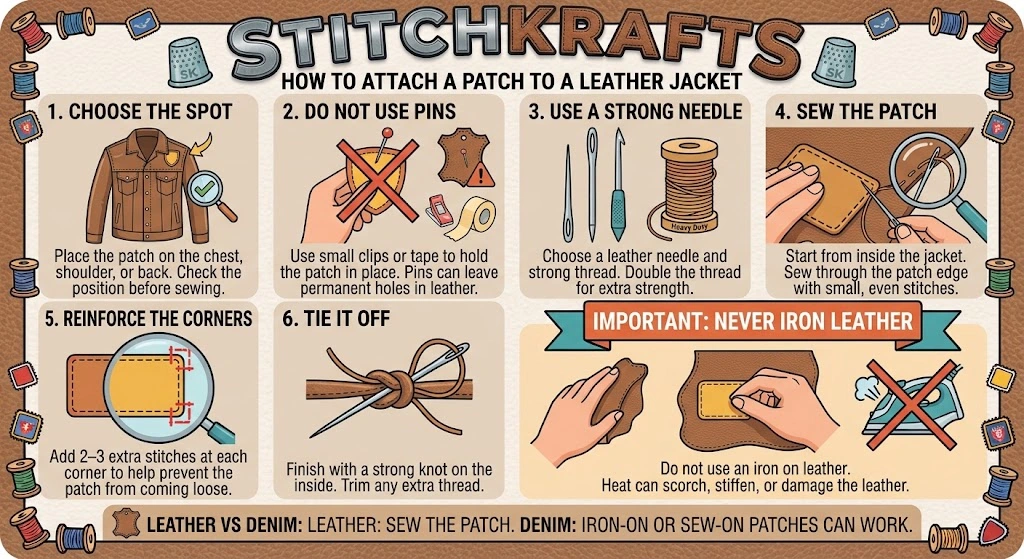 Infographic showing how to attach a patch to a leather jacket step by step, including sewing tools, stitching technique, and the difference between attaching patches to leather versus denim jackets