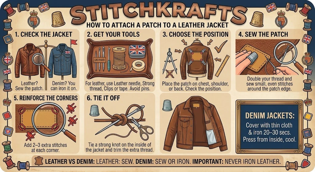 Infographic answering common questions about attaching a patch to a leather jacket, covering sewing tools, stitching steps, and ironing a patch onto denim instead