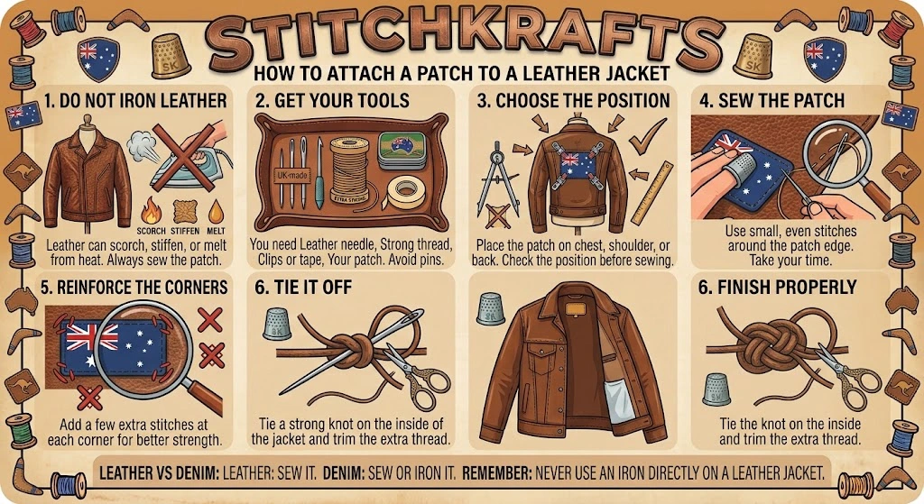 Infographic showing how to attach a patch to a leather jacket in Australia, covering sewing tools, stitching steps, and ironing a patch onto a denim jacket instead