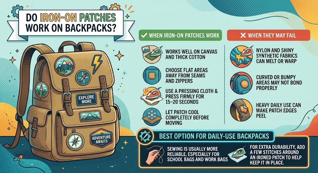 Infographic explaining whether iron-on patches work on backpacks, covering fabric types, placement tips, and when sewing is the better choice