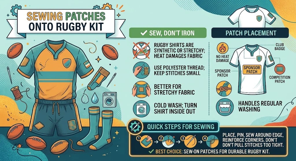 Infographic showing how to sew a patch onto rugby kit, covering badge placement on the chest and sleeve, stitching technique, and washing tips for polyester fabric