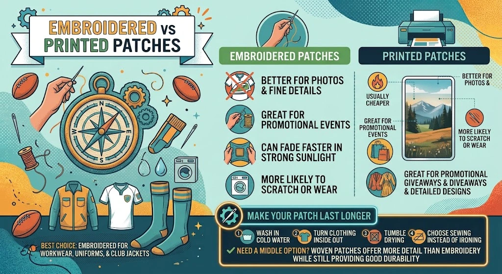 Infographic comparing embroidered and printed patches for durability, sun fading, washing, edge fraying, and which option suits Australian outdoor conditions