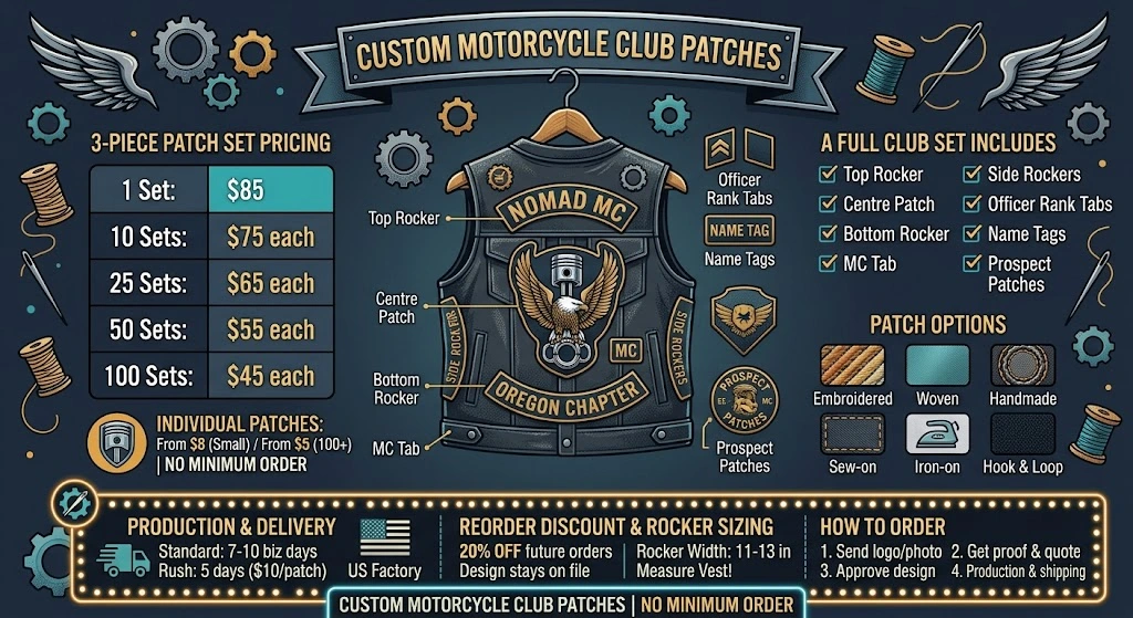 Infographic showing motorcycle club patch set pricing by quantity, per piece and rush pricing, turnaround time, and rocker sizing guide for leather and denim vests