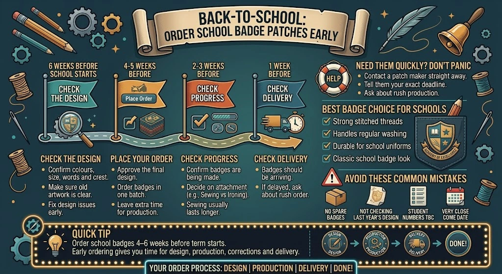 Infographic showing a simple countdown for ordering school badge patches before school starts, from picking the design to the badges arriving