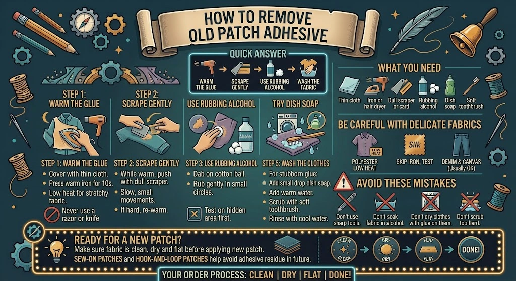 Infographic showing how to remove old patch adhesive residue from fabric step by step, using heat, a dull scraper, rubbing alcohol, and dish soap before washing