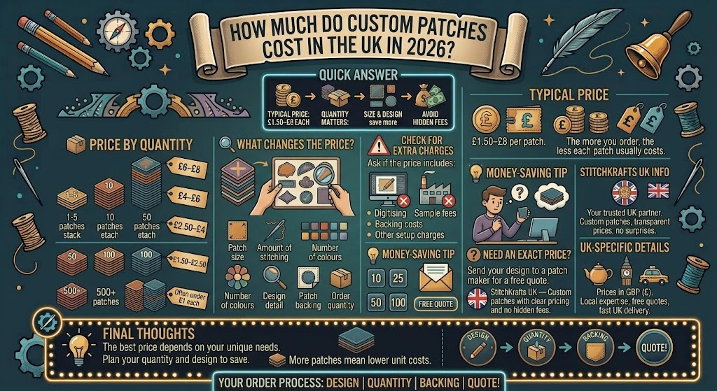 Simple infographic showing custom patch prices in the UK by how many you order, plus the main things that change the price of a patch