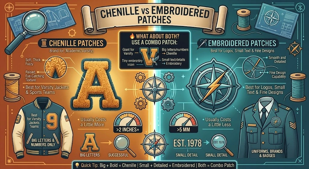 Infographic comparing chenille and embroidered patches with real examples, minimum letter size, care tips, and combo patch designs