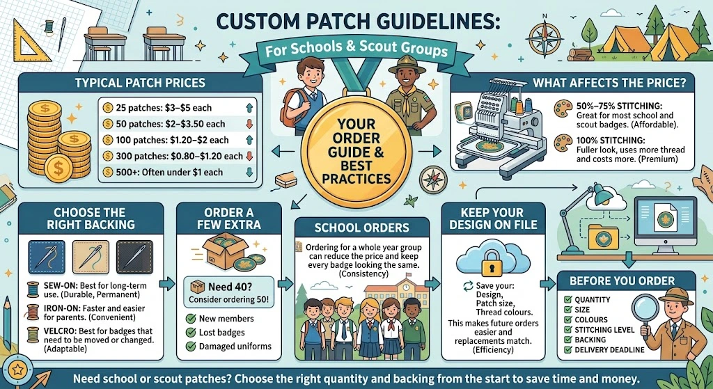 Simple infographic showing bulk pricing for school and scout patches by quantity, what stitching percentage means, and backing choices for kids