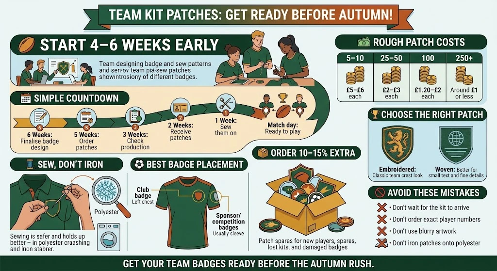 Infographic showing a six week countdown for ordering and sewing team kit patches before autumn sports season, from picking the design to match day