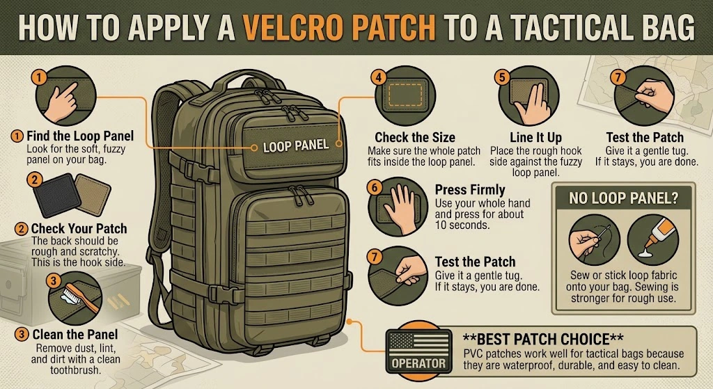 Infographic showing how to apply a Velcro patch to a tactical bag, covering hook and loop sides, finding the loop panel, pressing firmly, and testing the hold