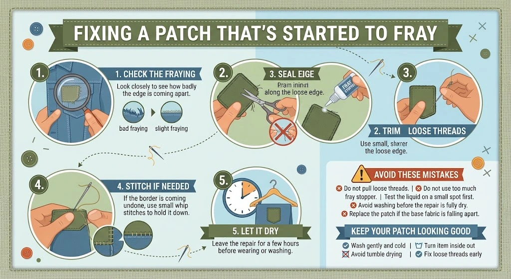 Infographic showing how to fix a patch with frayed edges, covering three kinds of fraying, trimming loose threads, sealing with fray stopper, and stitching the border