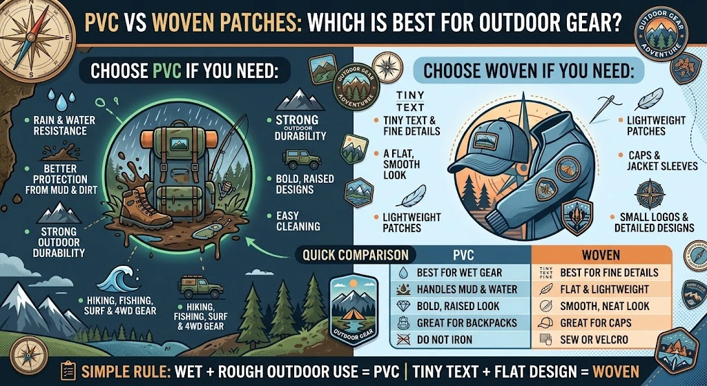Infographic comparing PVC and woven patches for outdoor gear, showing water resistance, sun fading, detail level, and best uses for packs, caps and tents in Australia