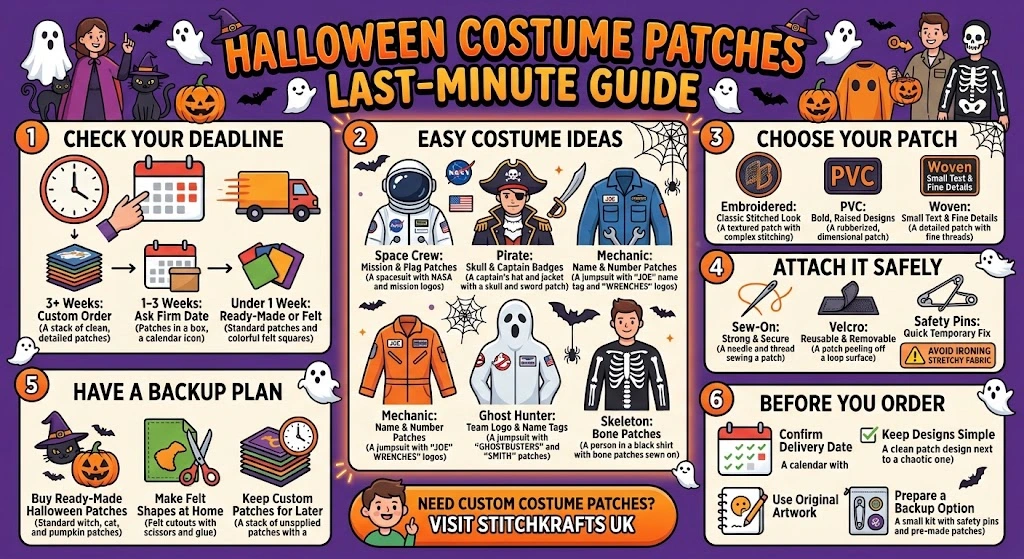 Infographic showing a day by day plan for ordering Halloween costume patches, from three weeks to one night before, with costume ideas, attaching methods and a backup plan