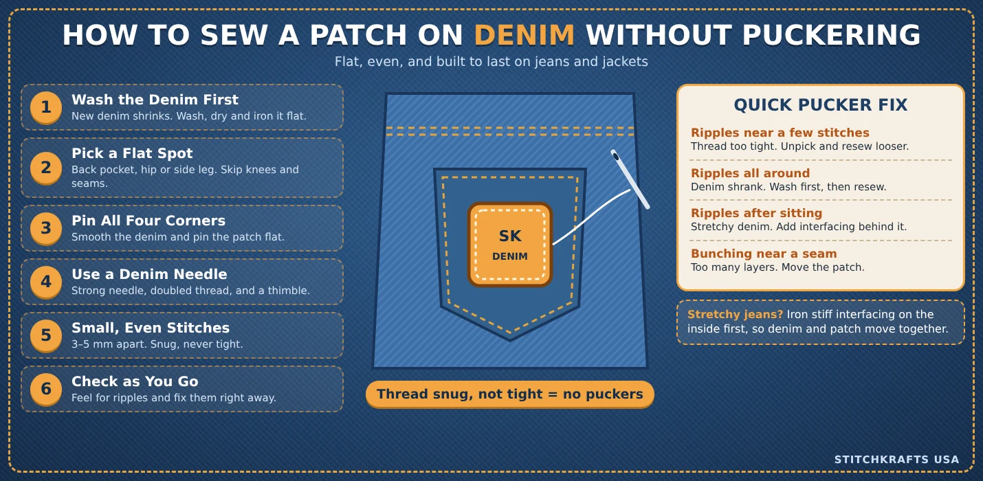 Infographic showing how to sew a patch on denim without puckering, covering pre washing, stretchy denim support, pinning, small even stitches, loose thread tension and a quick fix guide