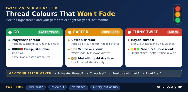 Infographic showing a traffic light guide to embroidered patch thread colours, with polyester as green, cotton and metallic as amber, and rayon and neon as red for fading
