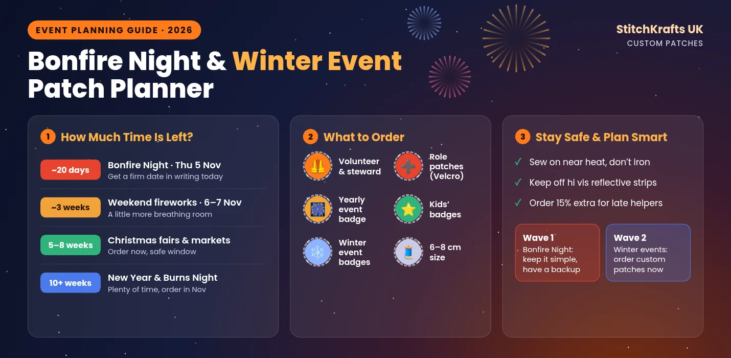 Infographic showing how to plan Bonfire Night and winter event patches, with a date table, patch ideas for volunteers and stewards, safety notes and a two wave order plan