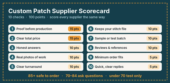 Scorecard graphic listing ten checks for vetting a custom patch supplier, with points that add up to 100