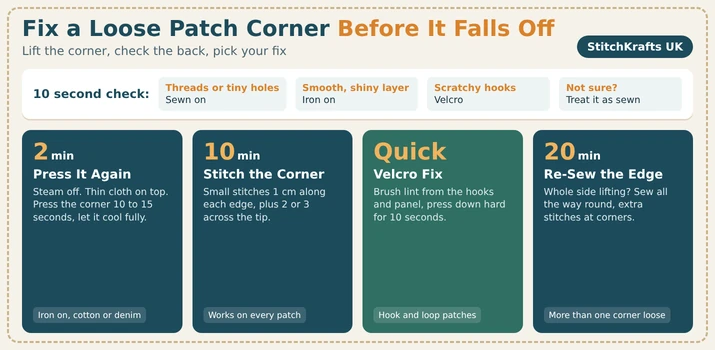 Infographic showing how to repair a loose patch corner, with a quick check to see if it is sewn, iron on or Velcro, and a 2, 10 and 20 minute fix for each
