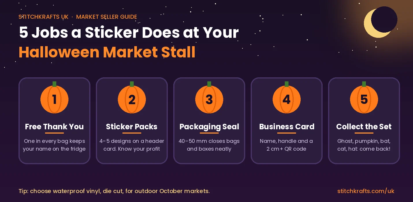 Infographic showing five jobs stickers do at a Halloween market stall, from free thank you to sticker packs, packaging seals, business cards and collectable sets
